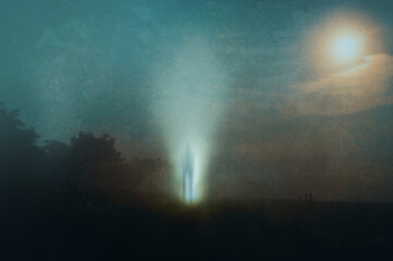 A moody horror concept, of a ghostly figure silhouetted against glowing mysterious lights. On a foggy spooky night. With a grunge, artistic edit © Dave