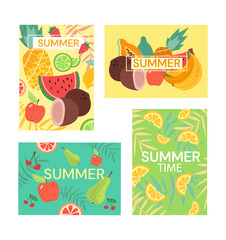 Cute colorful summer postcards with fruits and berries. Pineapple fruit, coconut and a pattern of watermelons. Drawings for poster or postcard. Flat cartoon vector illustration