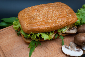 Fresh and tasty Italian panini, sandwich with chicken and vegetables, sauce, salad, mushrooms, tomato and cucumber, on wooden spacing, plate. Black background