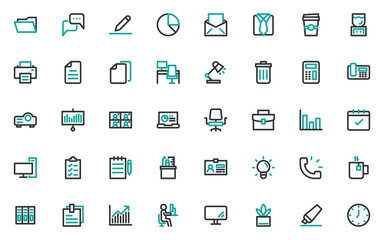 set of office line icons, workplace, company, business