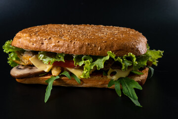 Fresh and tasty Italian panini, sandwich with vegetables, sauce, salad, mushrooms, tomato and cucumber. Black background