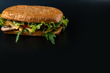 Fresh and tasty Italian panini, sandwich with vegetables, sauce, salad, mushrooms, tomato and cucumber. Black background. Copy space