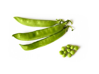 Fresh green peas in pods isolated on white background.