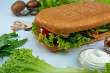 Ciabatta panini sandwich with chicken and vegetables sauce, salad, mushrooms. isolated on white background. Concept for the production of fast food bread. Bakery products. Close-up. Selective focus