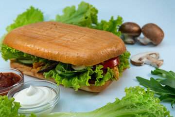 Ciabatta panini sandwich with chicken and vegetables sauce, salad, mushrooms. isolated on white background. Concept for the production of fast food bread. Bakery products. Close-up. Selective focus