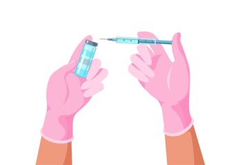 Doctor hands with medical gloves holding vaccine bottle and syringe. Covid-19 coronavirus vaccine. Vaccination shot, medicine and drug concept. Flat vector illustration. Design for banner, infographic