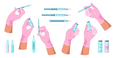 Doctor hands with syringe, bottle  with vaccine making an injection  for immunization treatment. Medicine, science and health care  concept. Flat vector illustration set  medical flu vaccination icons