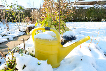 A yellow watering can stands in the snow-covered garden
