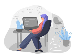 Beautiful young girl in the office working at the computer.