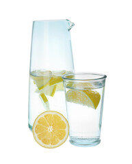 Refreshing water with lemon slices on white background