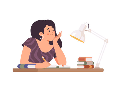 Student girl studying with books. Woman write journal or diary. Vector female character illustration