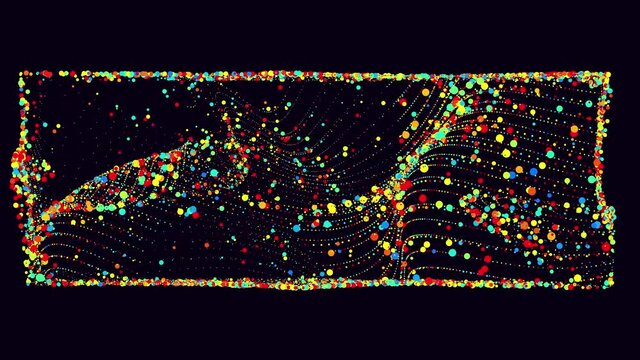 Abstract waves bg. Multi Colored particles form waves on a limited surface of plane. Rectangle. Beautiful waves filled frame. Looped animation. Luma matte as alpha channel