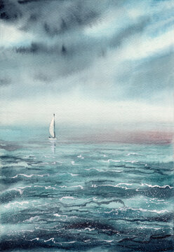 Watercolor illustration of a foggy ocean with a white sailboat on the horizon under stormy dark blue skies