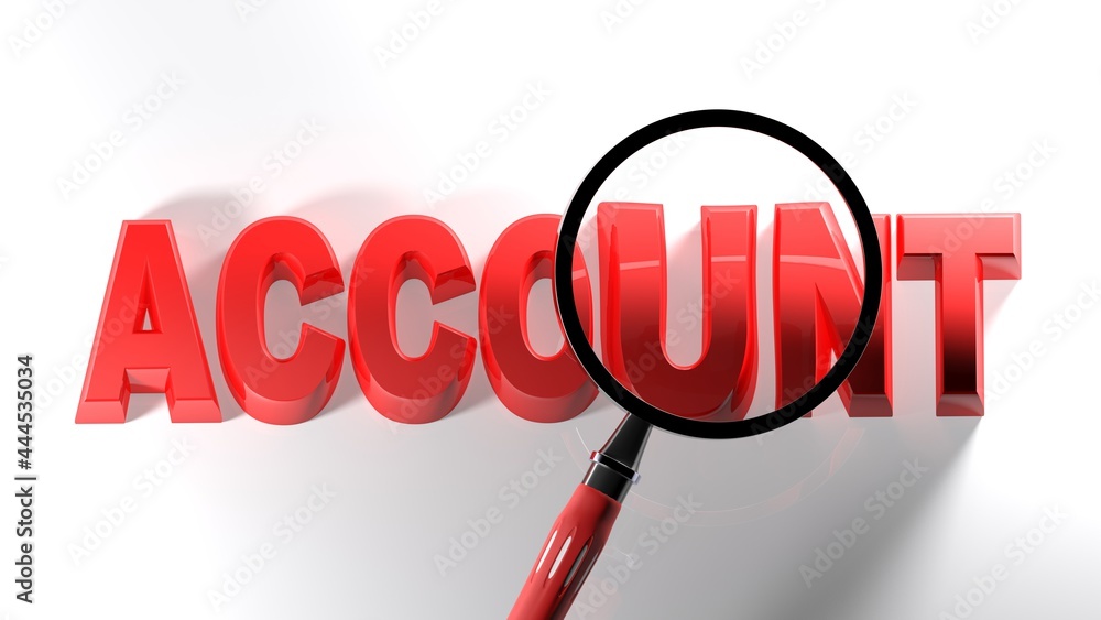 Aufkleber account red write on white surface, with magnifier passing over - 3d rendering illustration