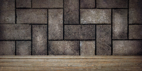 The background is blank wooden boards and a textured brick wall with lighting and vignetting.