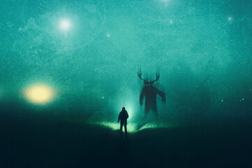 A dark scary concept. Of a mysterious monster skinwalker figure, standing outside. Silhouetted against torch light at night. With a grunge, textured edit. © Dave