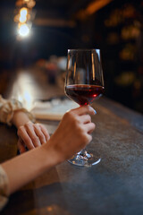 Woman with glass of wine sitting at counter in bar