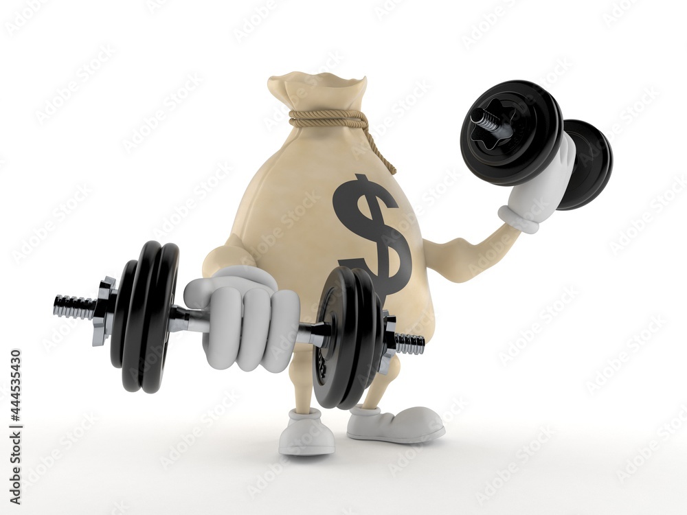 Poster dollar money bag character with dumbbells