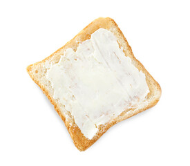 Delicious toast with butter isolated on white, top view