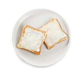 Delicious toasts with butter on white background, top view