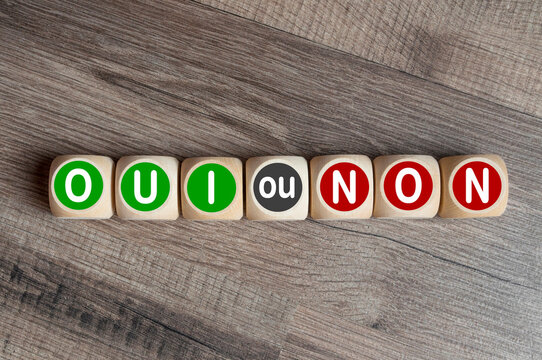 Cubes, dice or blocks showing the french words for YES or NO - Oui ou Non on wooden background