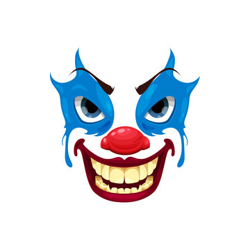 Scary clown face vector icon, Halloween funster character. Emoticon mask with makeup, red nose, angry eyes and creepy smile with sharp teeth, isolated horror creature emoji
