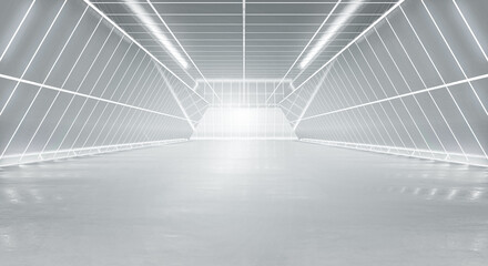 Illuminated corridor interior design. Abstract Futuristic tunnel with light and reflection background. 3D rendering.