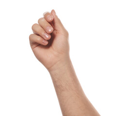 Obraz premium Man holding something on white background, closeup