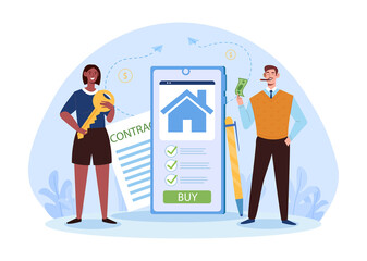 Real estate mobile application for seller and buyer. Female realtor holding key, male buyer is standing with money. Concept of smartphone mobile app for real estate. Flat cartoon vector illustration