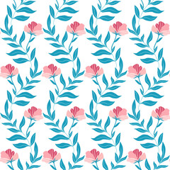 Fototapeta na wymiar Seamless pattern with cute pink flat flowers and leaves. Hand drawn vector illustration on white background. Texture for print, fabric, textile, wallpaper.