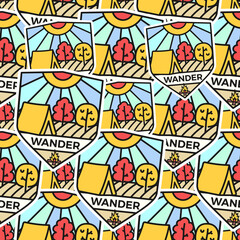 Camping adventure badges pattern. Wander hiking seamless background with tent, mountains, cabin life scene. Stock wallpaper