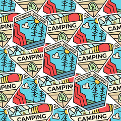 Camping adventure badges pattern. Mountain explorer seamless background with tent, mountains, cabin life scene. Stock wallpaper