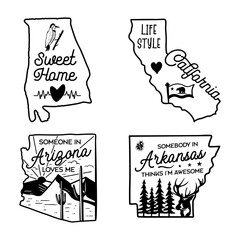 US states line art logo designs set. Camping adventure badges emblems. American labels bundle - Arizona, Alabama, Arkansas, California. Silhouette linear concept. Stock collection - obrazy, fototapety, plakaty