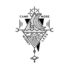 Camp more worry less badge design. Outdoor adventure crest logo with trees and city scene. Travel silhouette label isolated. Sacred geometry. Stock tattoo graphics emblem