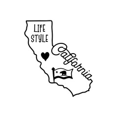 California life style badge design. Lie art crest logo with heart and flag with bear. Silhouette label isolated. Stock tattoo graphics emblem
