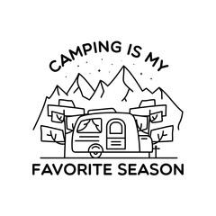 Obraz premium Camping line art logo design. Vintage adventure linear badge design. Outdoor crest label with mountains and RV trailer. Travel silhouette emblem isolated. Stock isolated