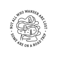 Camping silhouette line art logo design. Vintage adventure linear badge design. Outdoor crest label with road landscape and trees. Travel emblem isolated. Stock isolated