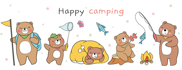 Draw vector illustration banner design happy bear camping Summer camp concept Doodle cartoon style
