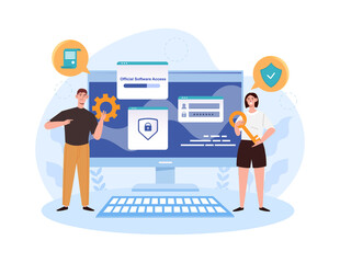 Young male and female characters are gaining official software access together. Woman holding digital security key. Screen with registration and authorization form. Flat cartoon vector illustration