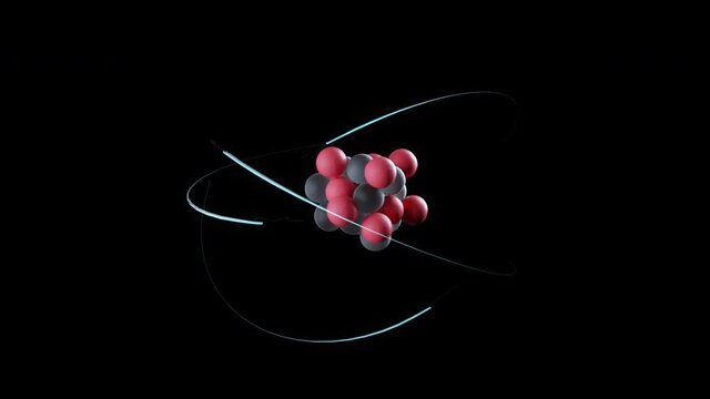 Standard model of atom on black background, atomic nucleus consisting of protons and neutrons and electrons orbiting around. Particle physics