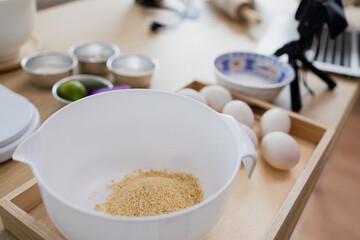 Ingredient in bowl prepare for bakery pie making and streaming online live show
