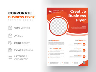 Corporate business flyer template design orange color. marketing, business proposal, promotion, advertise, publication, cover page. digital marketing agency flyer design. new business flyer design