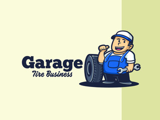 Repairman with tire holding wrench mascot logo illustration
