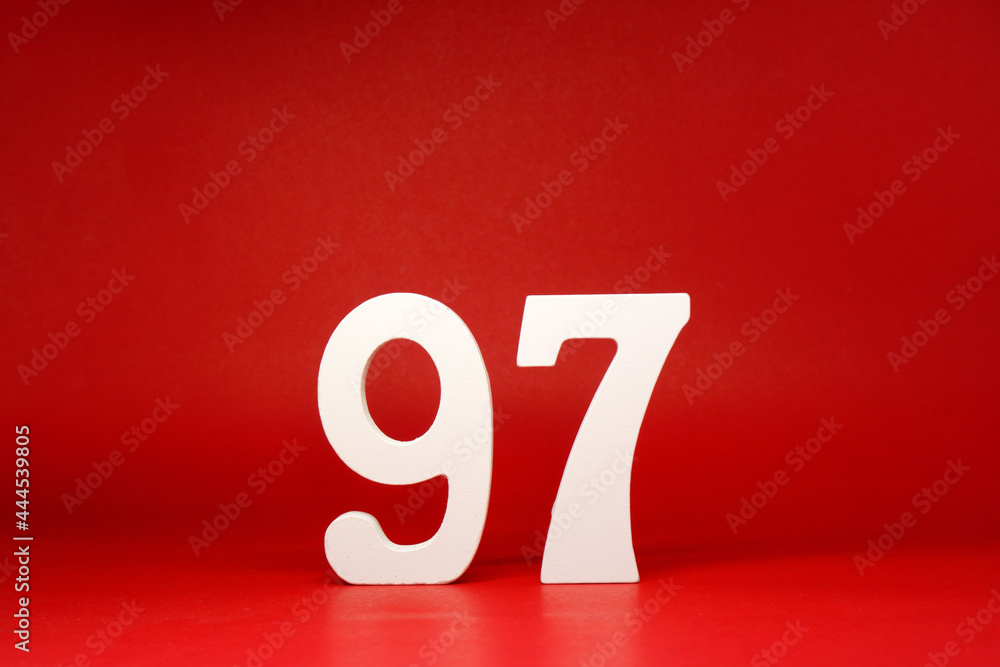 Wall mural ninety seven ( 97 ) white number wooden on red background with copy space - new promotion 97% percen