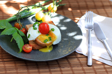 Tasty food picnic. light breakfast, sandwich with egg, tomatoes and green onions. A plate with breakfast in the morning sun.