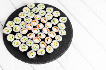 Sushi rolls. Tasty set of sushi close up shot