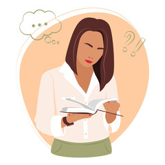 Vector illustration with a girl who reads. Knowledge, thoughts. Flat vector illustration 