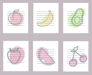 Planner with original fruit design. Weight loss planner, meal planner, day planner. Banana, cherry, strawberry, peach, avocado, watermelon illustration.