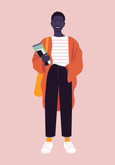 An African woman is standing at full height with books.
Preparing for exams. Successful studies at school, college and university. Vector flat illustration