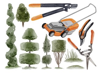 Watercolor hand drawing garden tools: lawn mower, scissors, pruner and topiary cutting green trees and bushes Use for card, print, postcard, poster, print, design, pattern, shop, advertising, market
